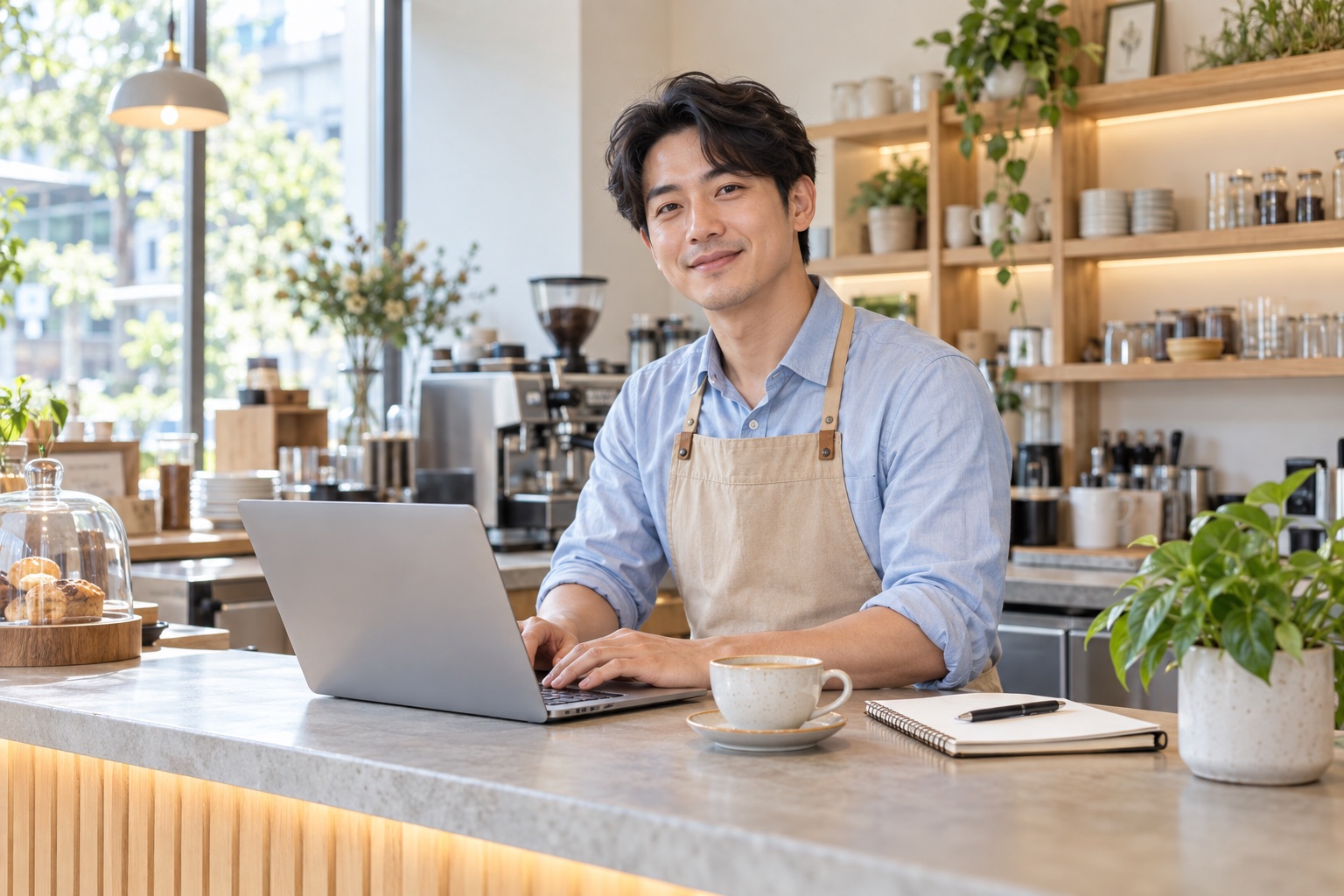 在咖啡店櫃台用筆電工作的男性